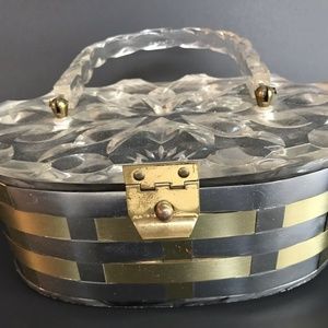 Lucite Purse Lid Handle Gold Silver Weave Metal
